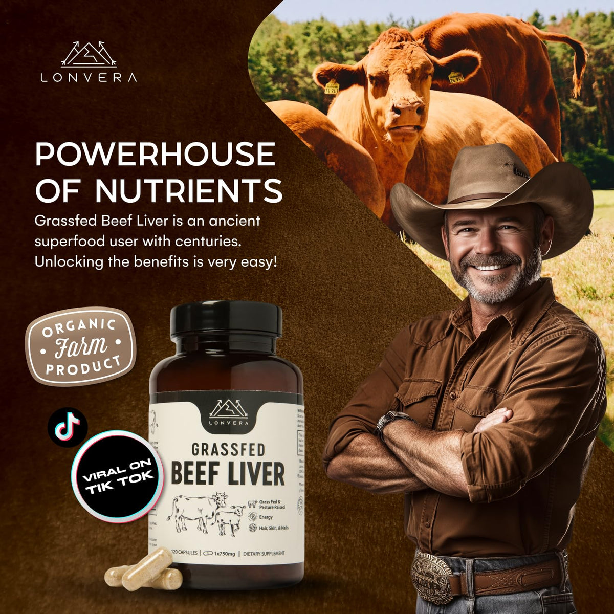 Desiccated beef liver capsules bottle lifestyle product display