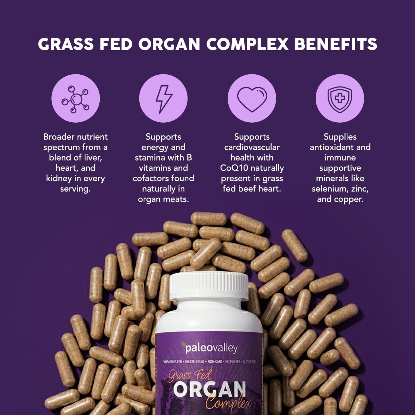 Paleovalley grass fed liver heart and kidney capsules pouring out of bottle