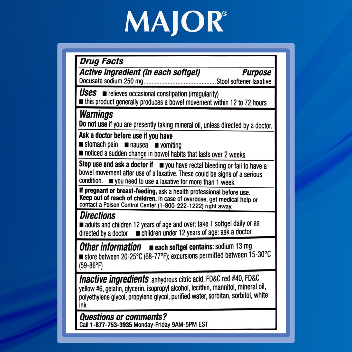Major Docusate Sodium packaging showing stimulant-free benefit