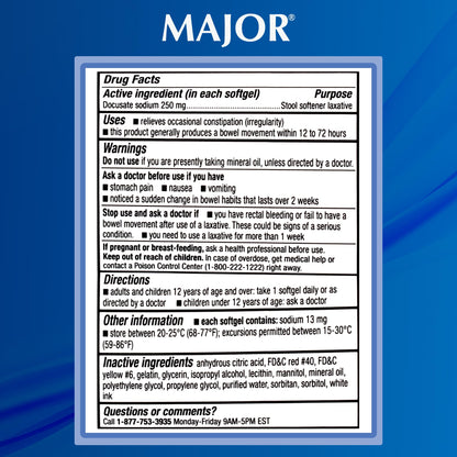 Major Docusate Sodium packaging showing stimulant-free benefit