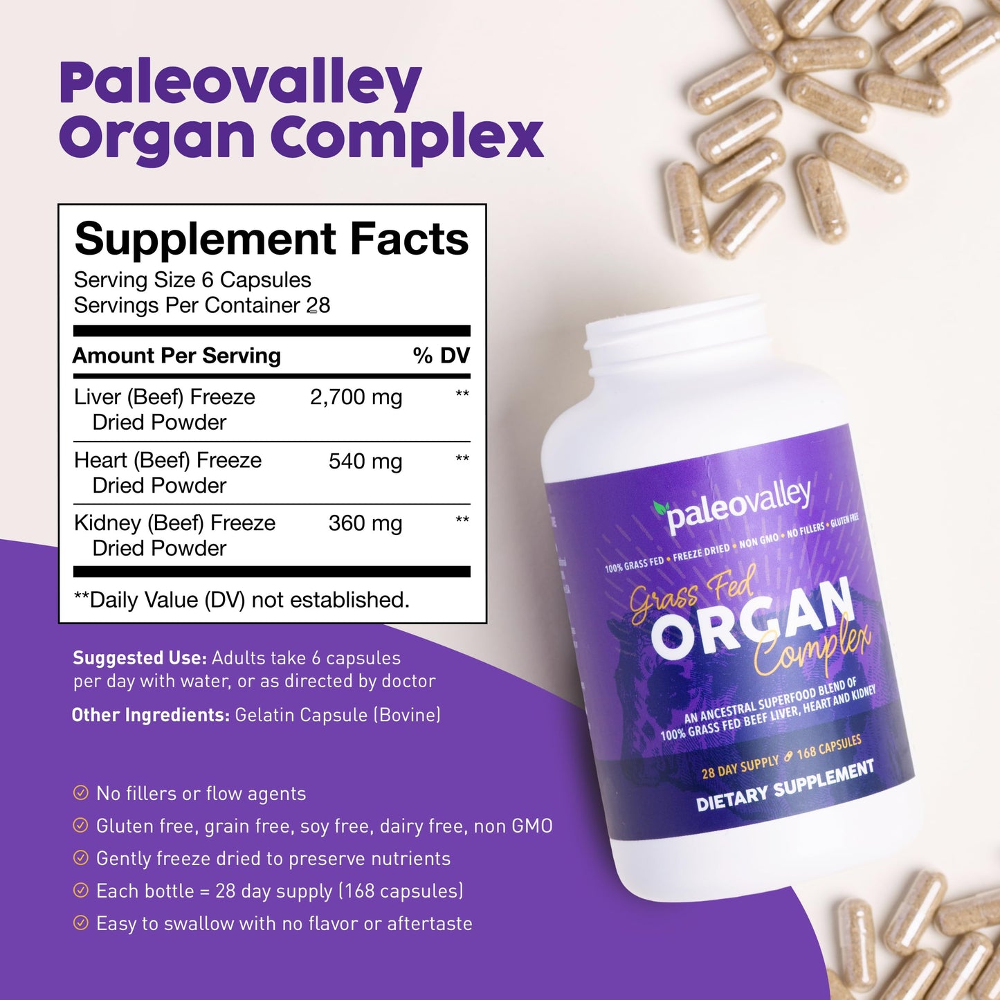 Paleovalley non GMO gluten free grass fed beef organ capsules side panel