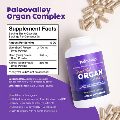 Paleovalley non GMO gluten free grass fed beef organ capsules side panel