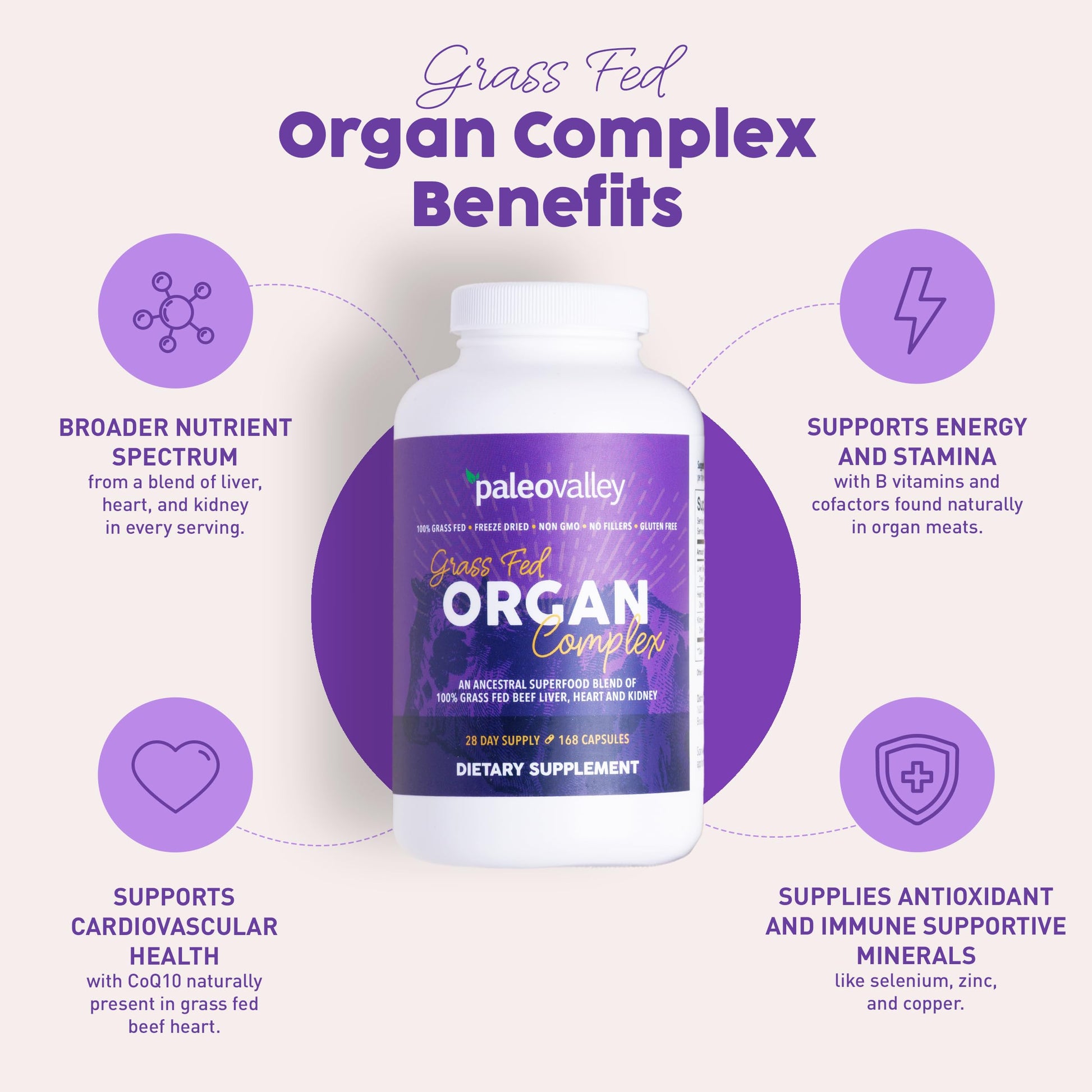 Paleovalley ancestral superfood beef organ complex bottle close up