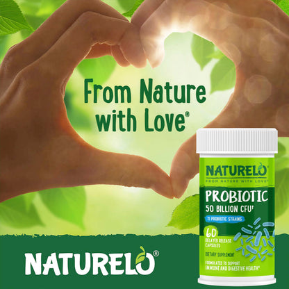 Naturelo shelf stable probiotics bottle demonstrating no refrigeration required