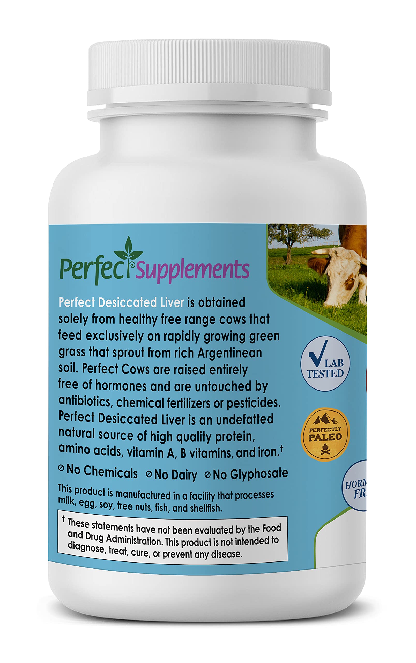 Perfect Supplements undefatted grass fed Argentine beef liver capsules container side view