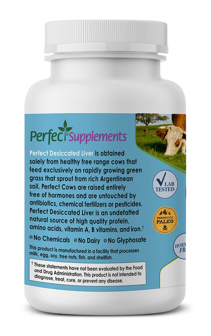 Perfect Supplements pasture raised desiccated liver dietary supplement bottle top angle
