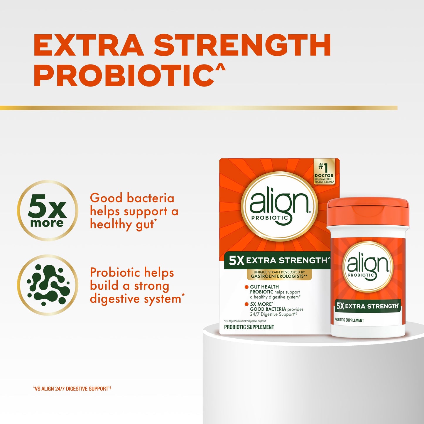 Side view of Align daily digestive support probiotic supplement box detailing capsule count.