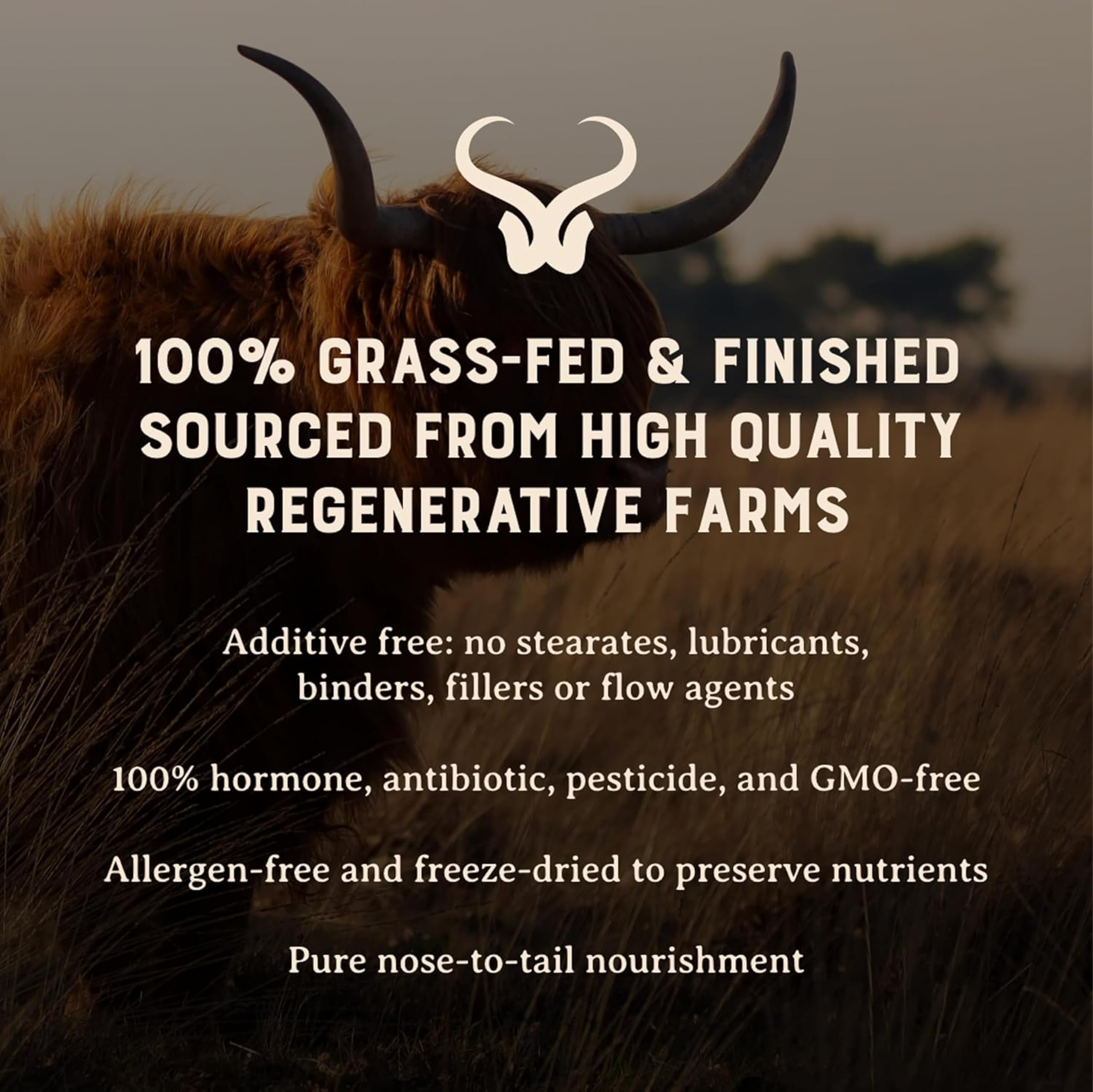 Heart and Soil grass fed beef organs 180 capsules packaging showcasing product benefits.