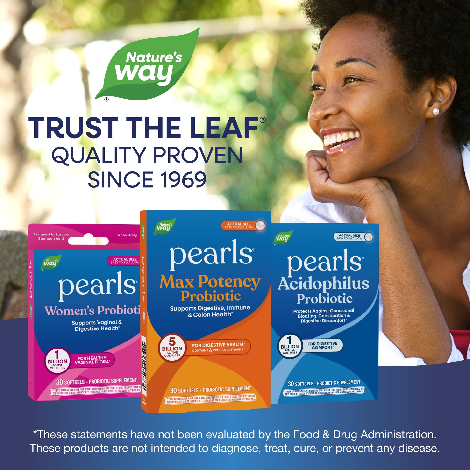Nature's Way Probiotic Pearls nutrition facts label listing 5 billion colony forming units.