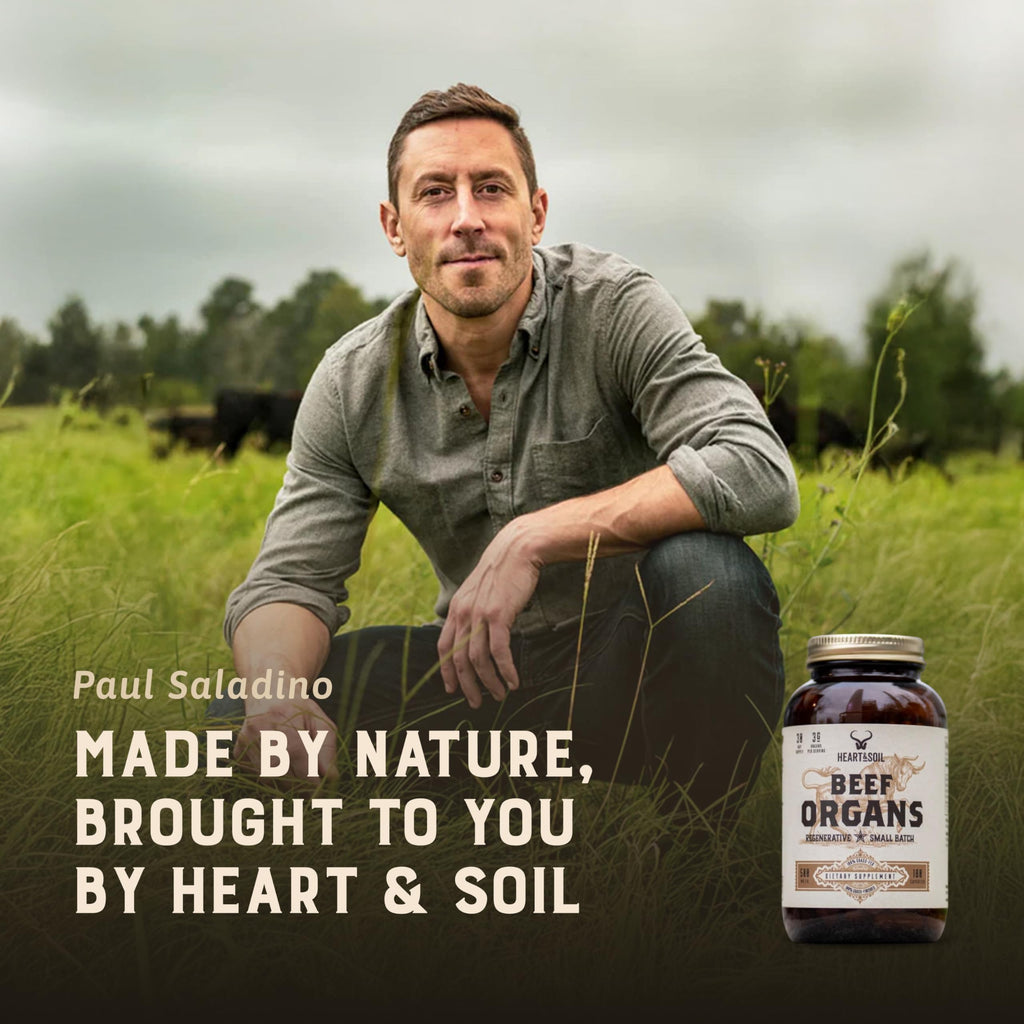 Heart And Soil grass fed beef organs supplement bottle angle view