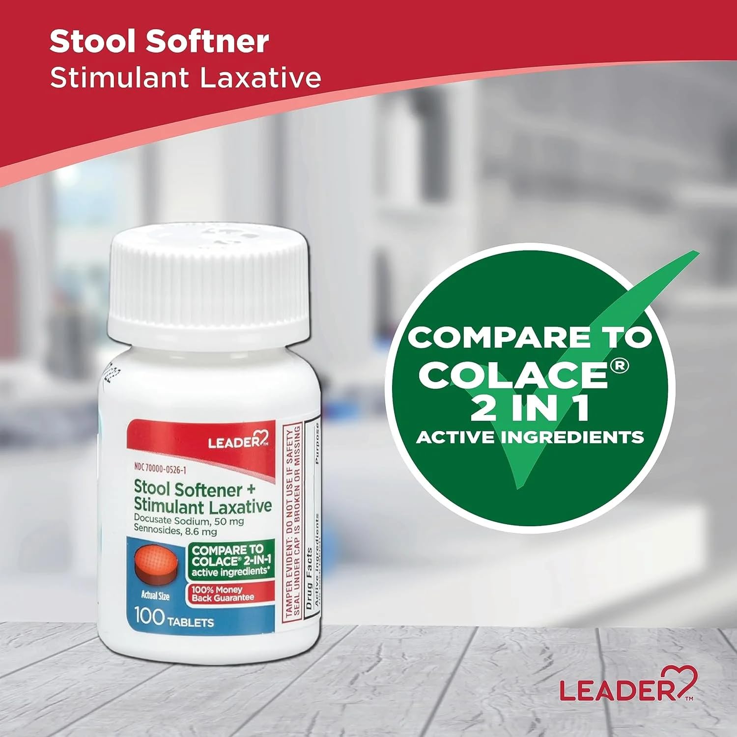 Leader 2-in-1 laxative bottle showing active ingredients