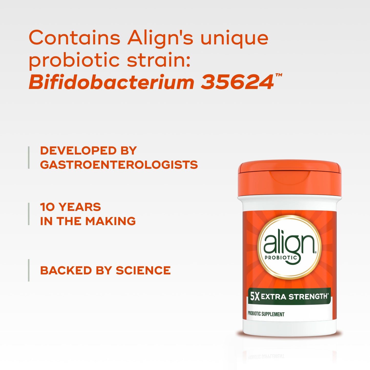 Close-up of authentic USA imported Align probiotic packaging emphasizing digestive wellness benefits.