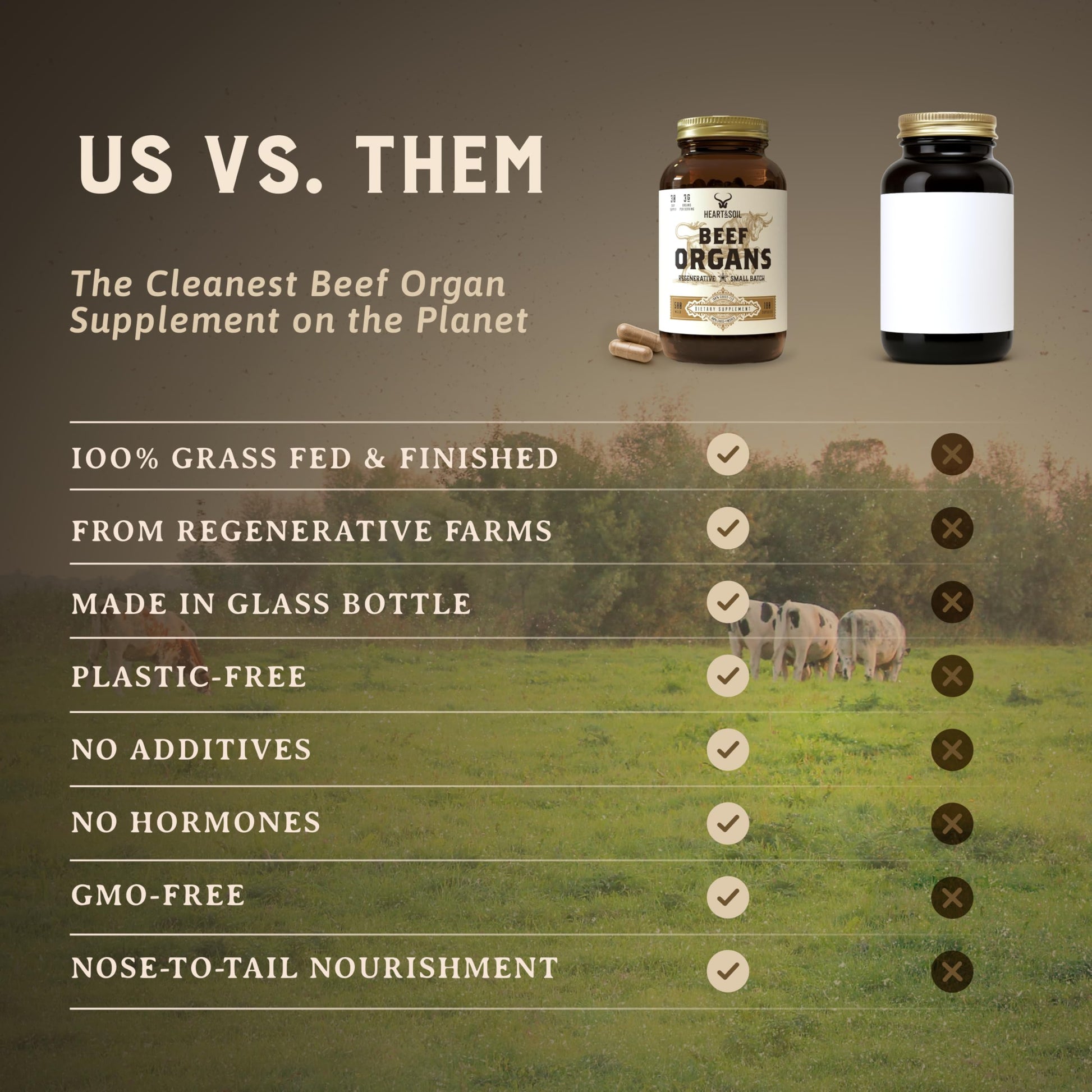 Heart and Soil 100 percent grass fed bovine supplement packaging graphics.