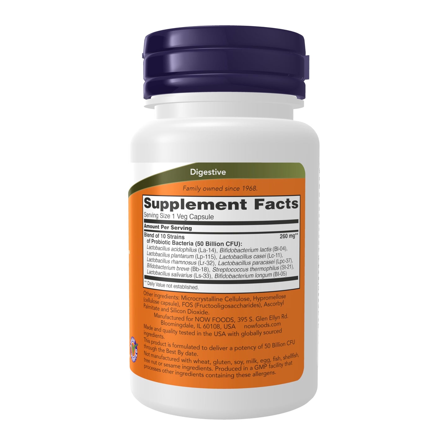 Now Foods Probiotic 10 50 Billion showing supplement facts and ten clinically validated strains.