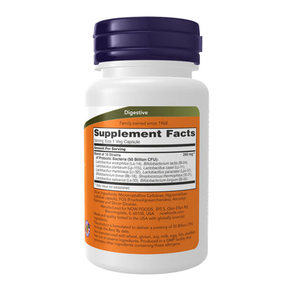 Now Foods Probiotic 10 50 Billion showing supplement facts and ten clinically validated strains.
