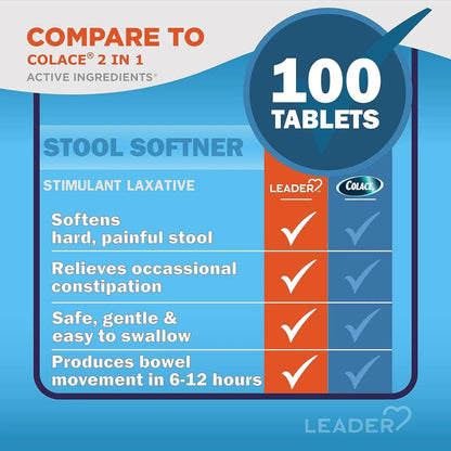 Leader 2-in-1 stool softener 100 tablets packaging