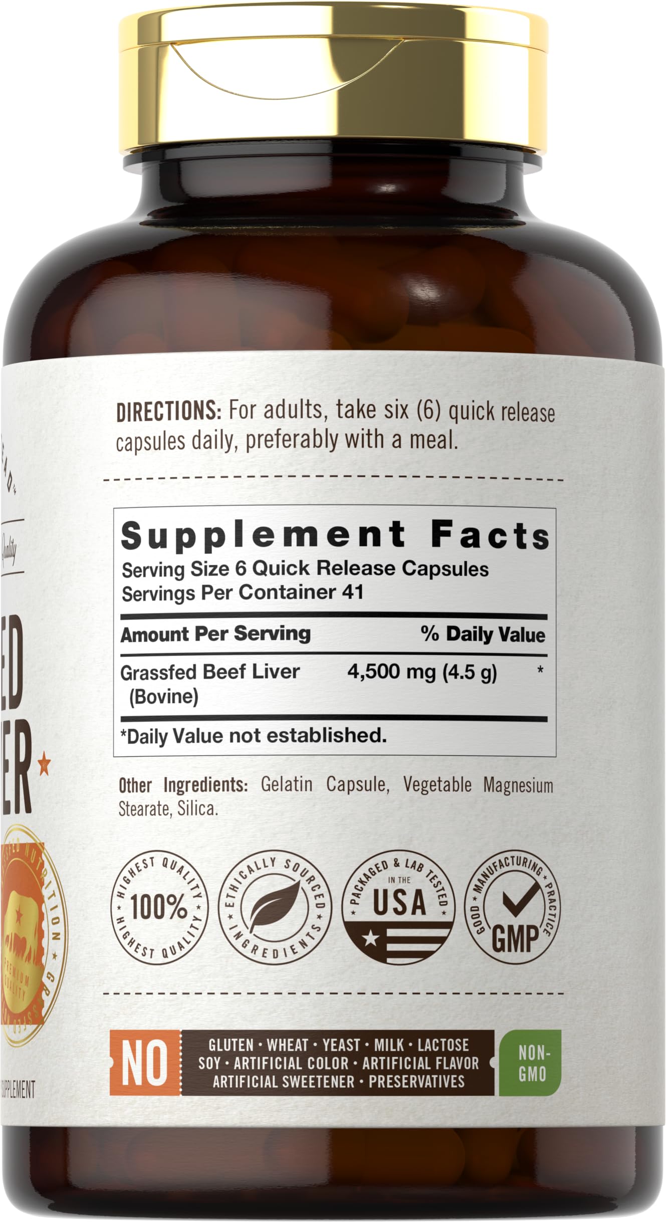 Carlyle desiccated beef liver supplement 4500 mg nutrition label side view