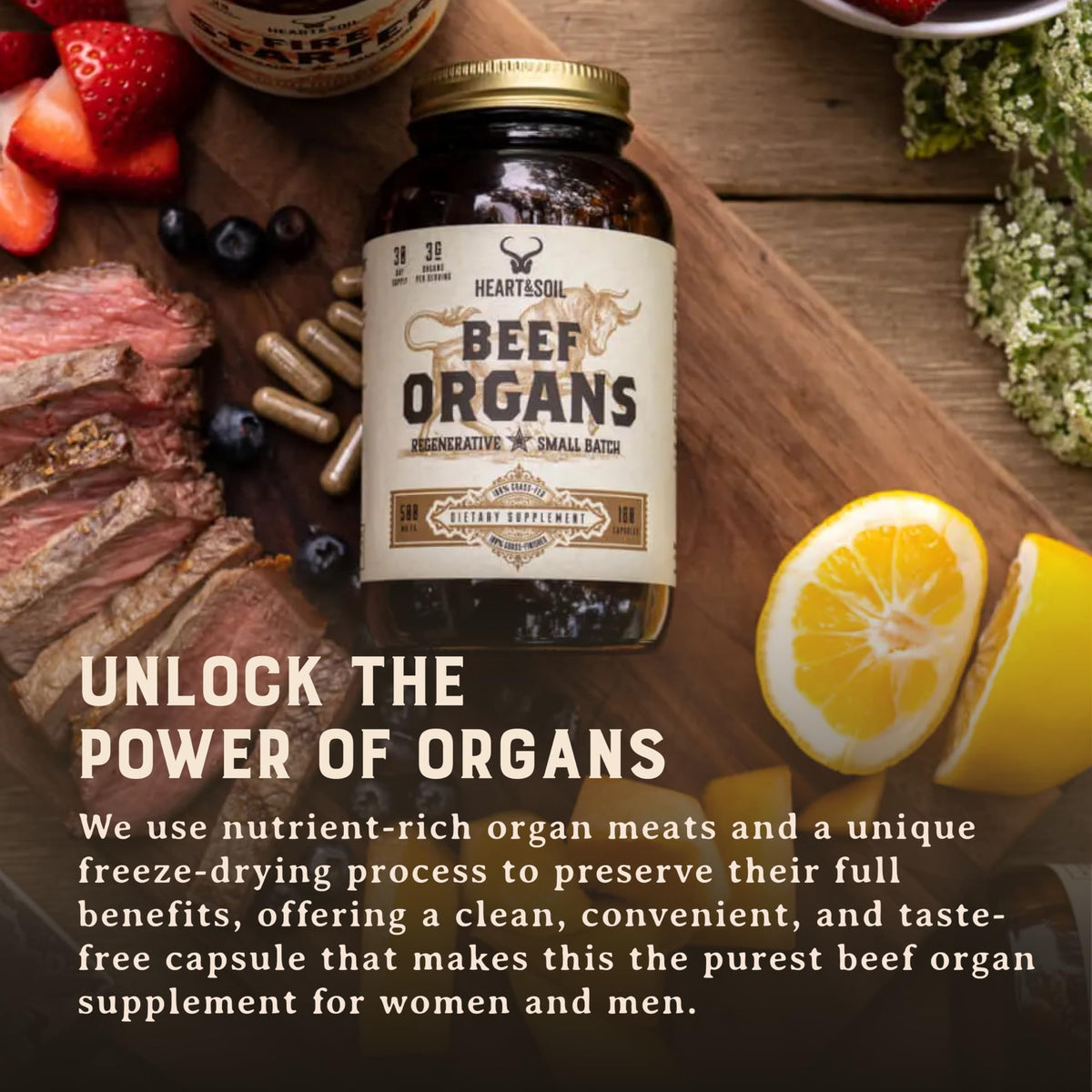 Heart And Soil regenerative cattle supplement bottle lifestyle layout