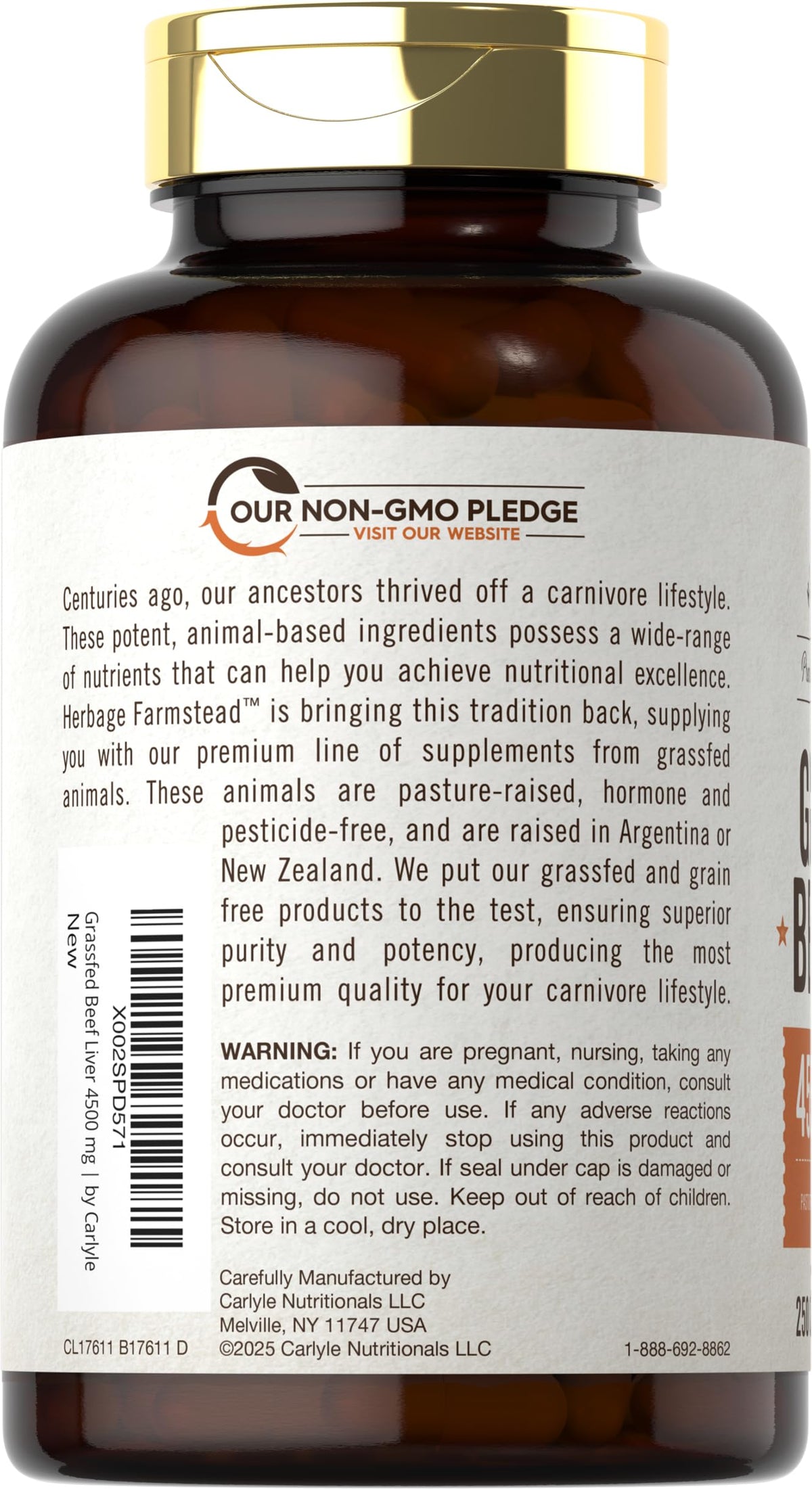 Carlyle Grass Fed Beef Liver capsules nutrition facts panel