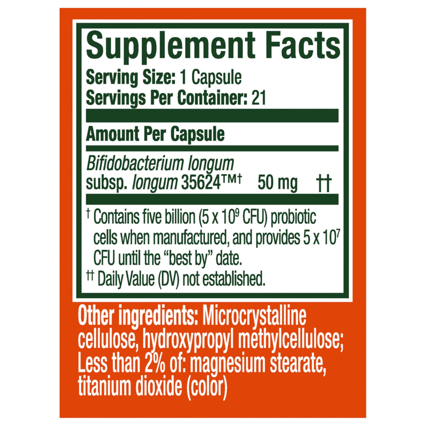 Three-quarter view of Align 21 capsules packaging highlighting Bifidobacterium longum 35624 strain.