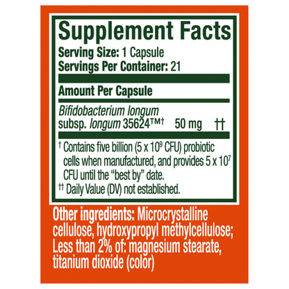 Three-quarter view of Align 21 capsules packaging highlighting Bifidobacterium longum 35624 strain.