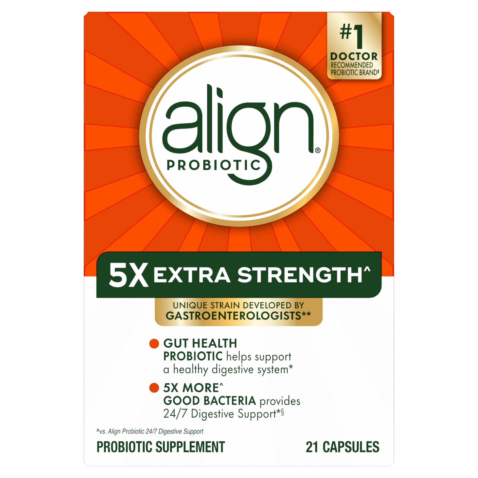 Clear studio shot of Align extra strength probiotic container for men and women's gut support.