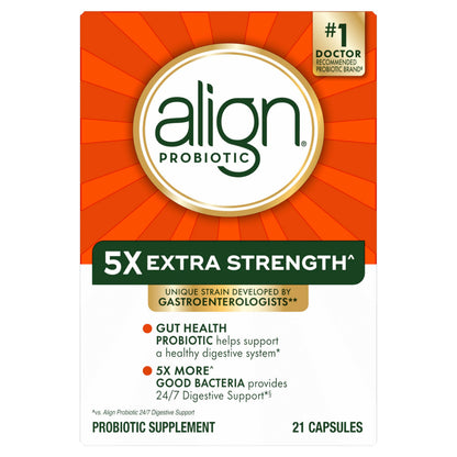 Clear studio shot of Align extra strength probiotic container for men and women's gut support.