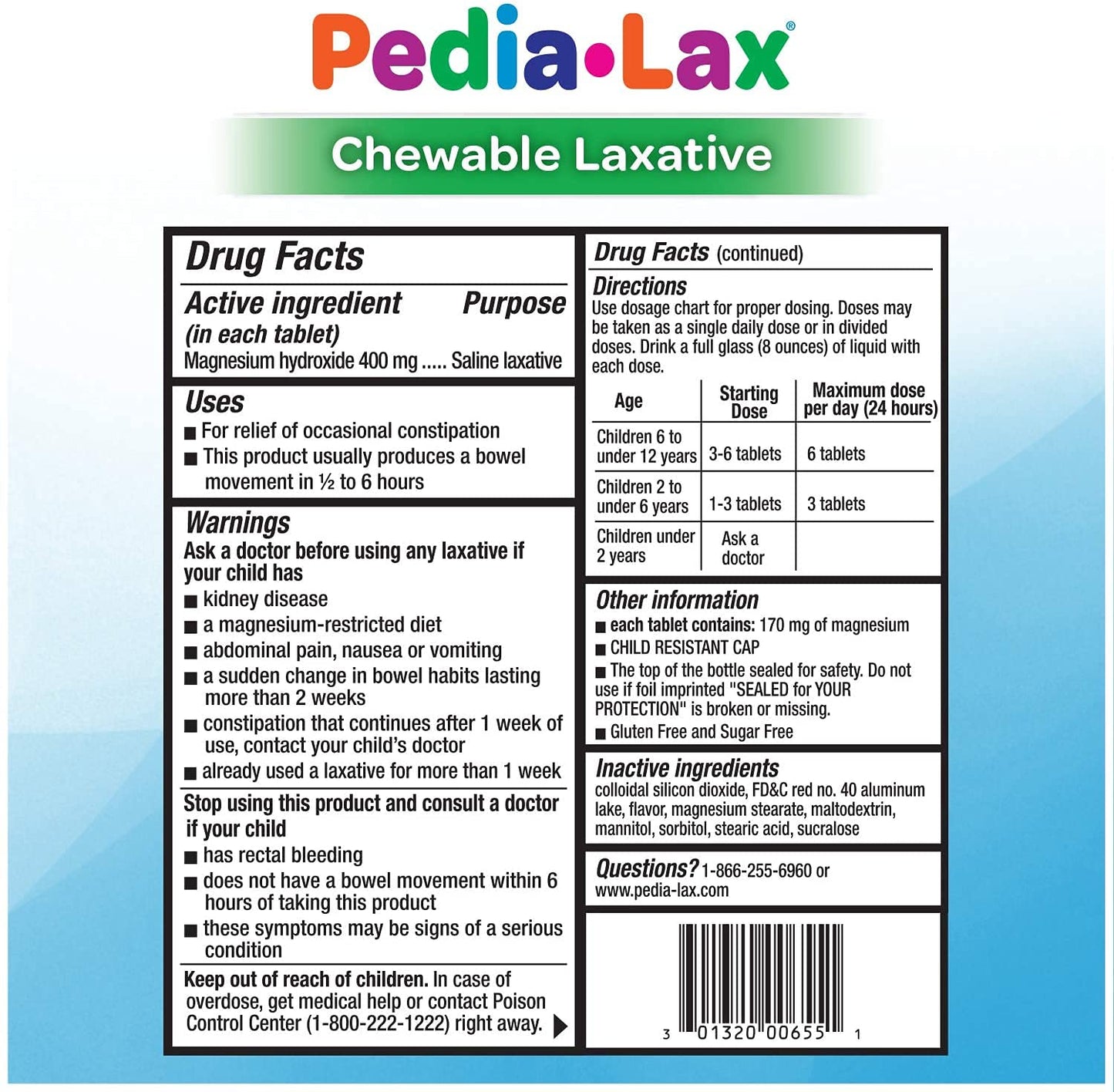 Pedia-Lax 30 count pack of 3 side view showing dosage