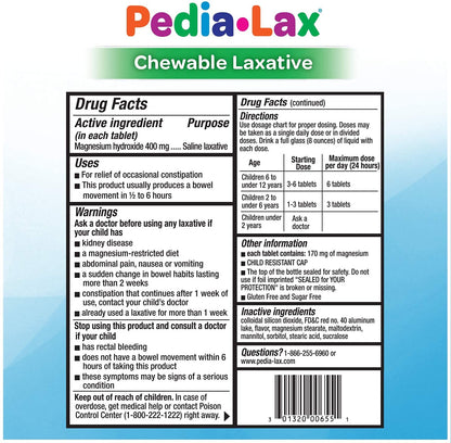 Pedia-Lax 30 count pack of 3 side view showing dosage