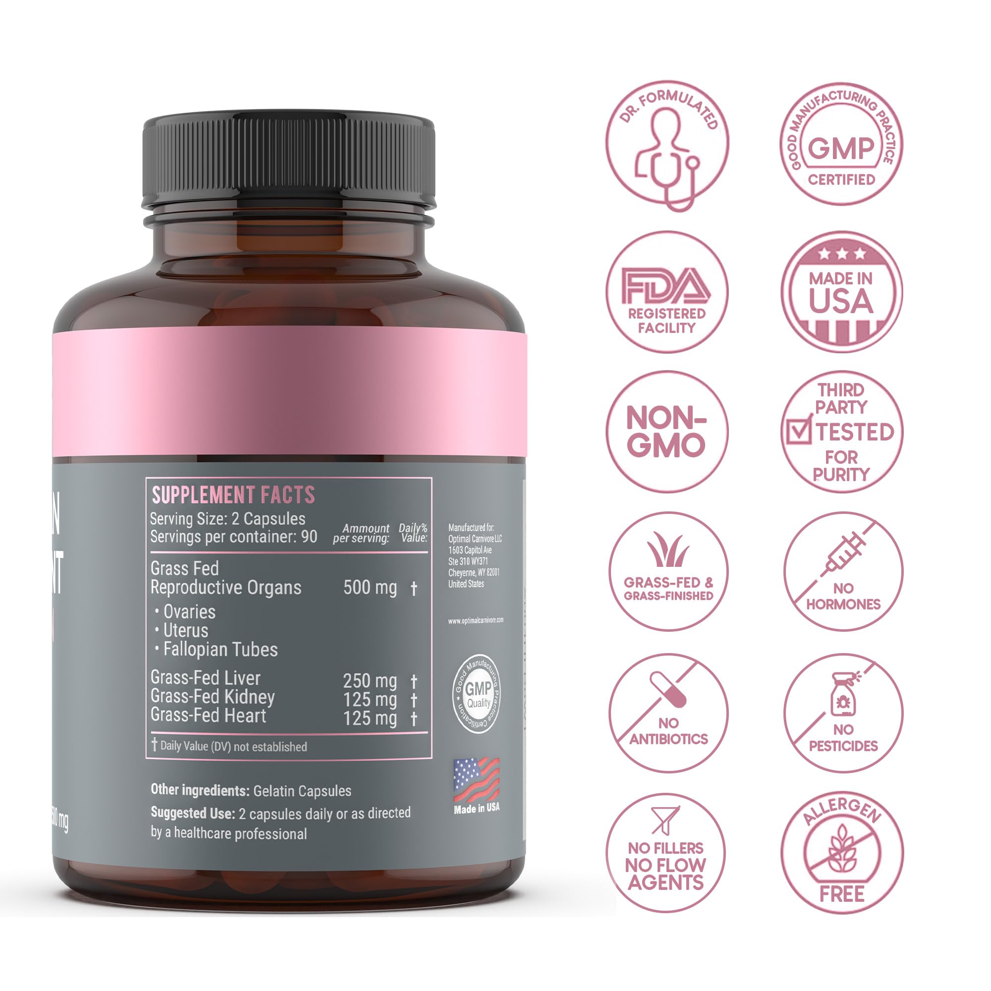 Grass fed beef organ supplement capsules nutritional label information
