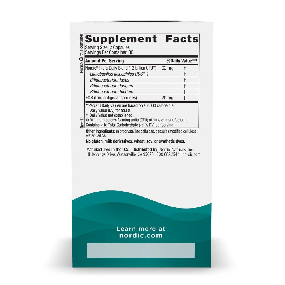 Close-up of the supplement facts panel on the Nordic Flora Probiotic Daily bottle detailing the twelve billion culture blend.