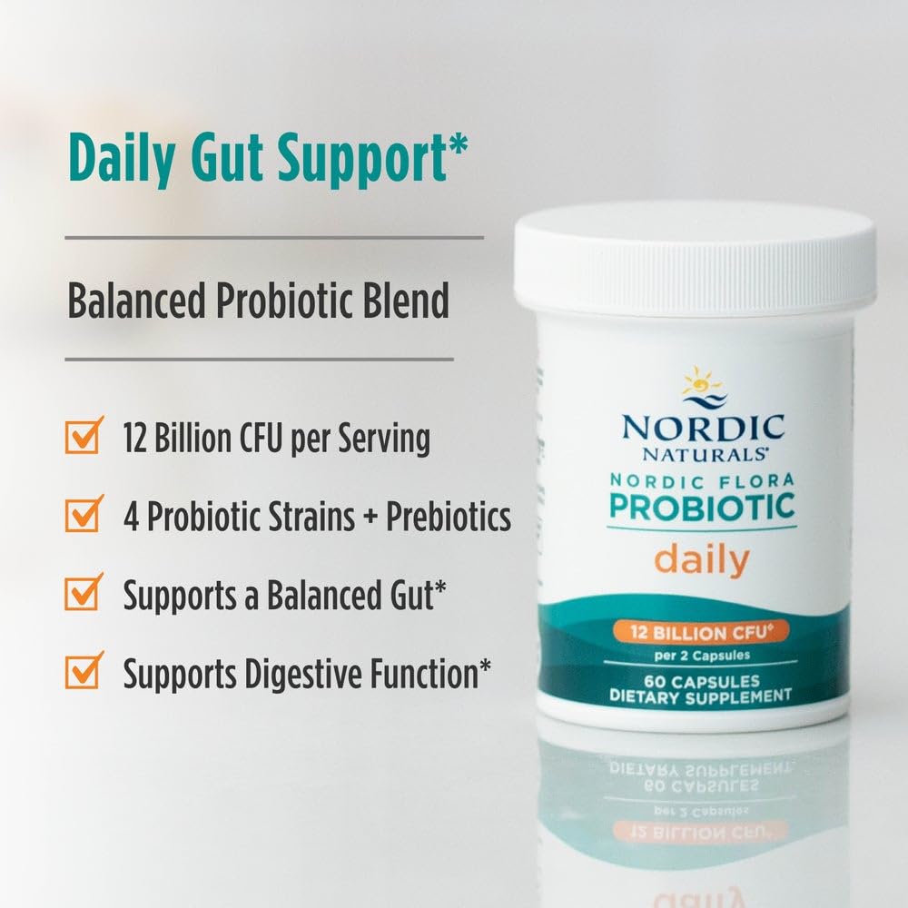 Side profile of Nordic Naturals daily gut health supplement bottle highlighting vegan and non-GMO certifications.