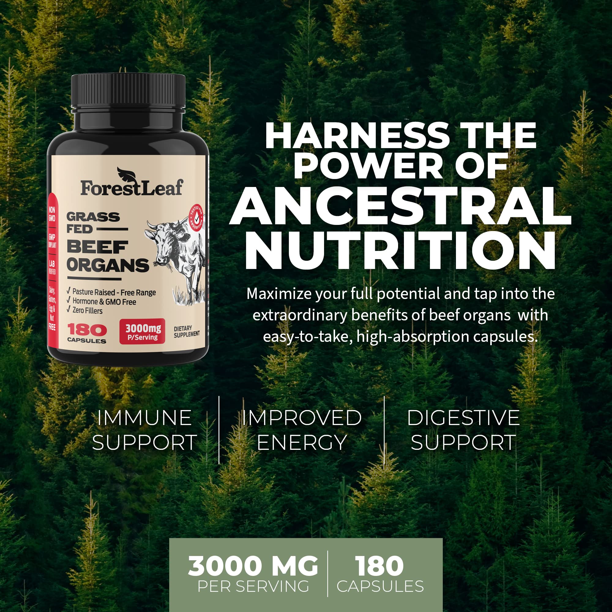 ForestLeaf desiccated beef organ supplement 3000mg packaging highlighting five vital bovine organs.