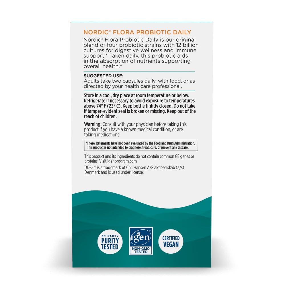 Complete packaging view of the 60 count daily probiotic from Nordic Naturals showing the clear usage instructions.