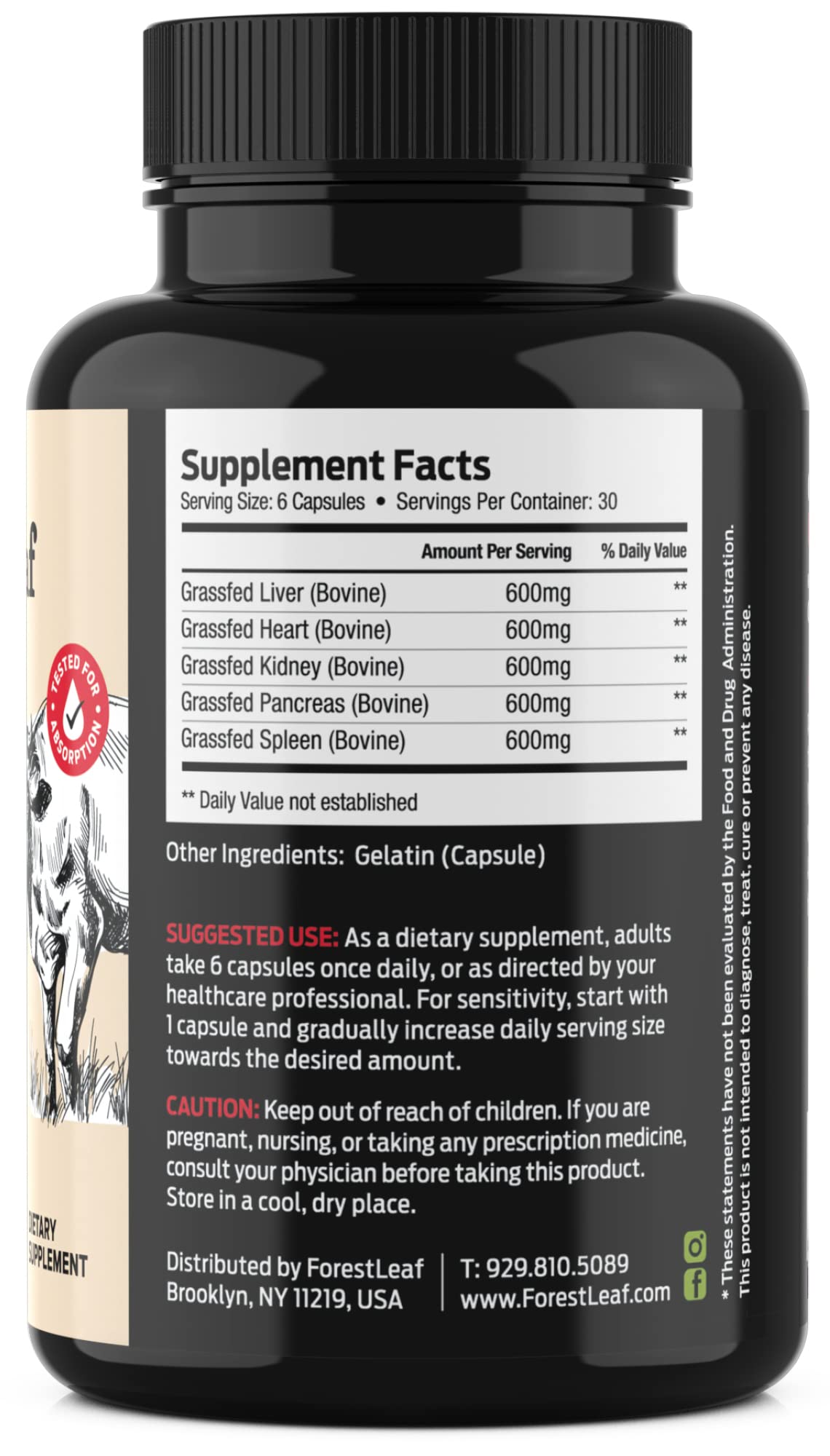 Back label of ForestLeaf pasture raised beef organ complex showing ingredients list and serving size.