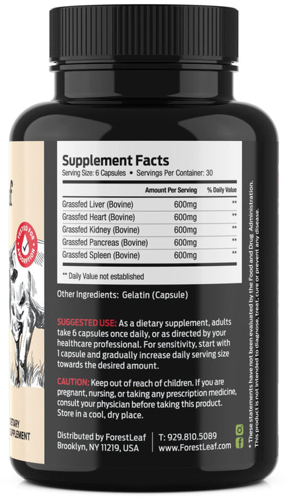Back label of ForestLeaf pasture raised beef organ complex showing ingredients list and serving size.