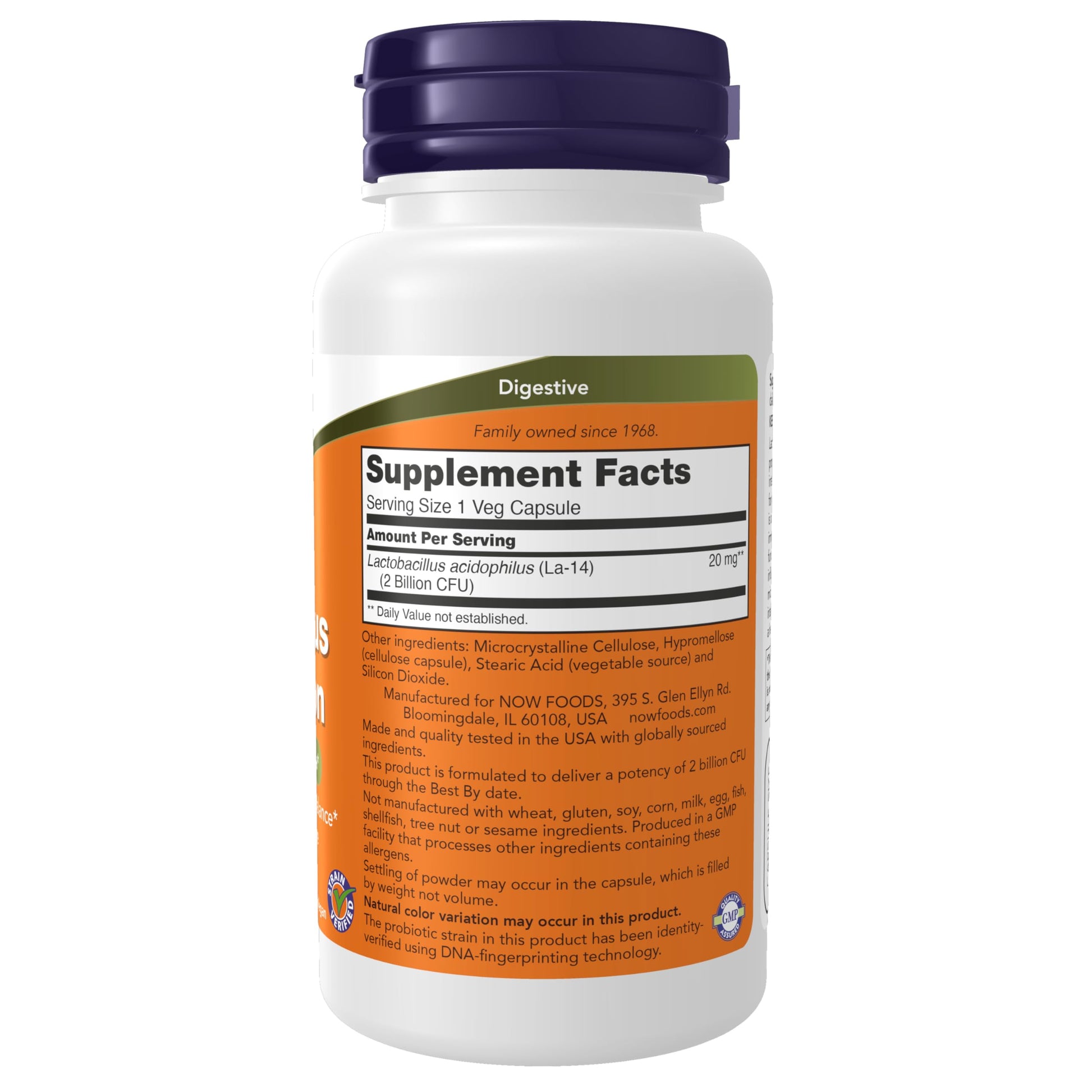 Now Foods Acidophilus Two Billion dietary supplement bottle side label displaying supplement facts and usage instructions.
