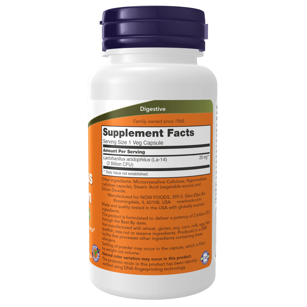 Now Foods Acidophilus supplement bottle back label with ingredient facts