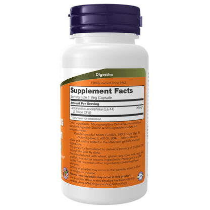 Now Foods Acidophilus Two Billion dietary supplement bottle side label displaying supplement facts and usage instructions.