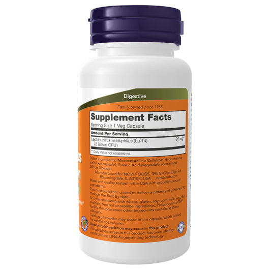 Now Foods Acidophilus Two Billion dietary supplement bottle side label displaying supplement facts and usage instructions.
