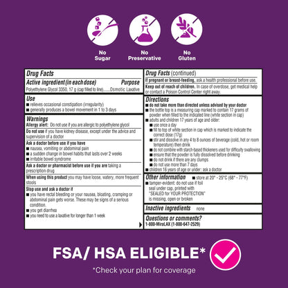 Side panel view of MiraLAX sugar free gluten free laxative packet instructions
