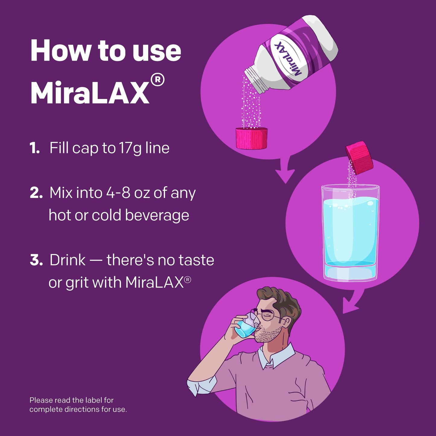 MiraLAX constipation relief powder cap and measuring indicator