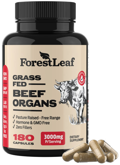 ForestLeaf grass fed pasture raised multi organ blend bottle showcasing pure wellness benefits.