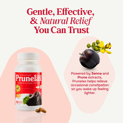 Prunelax 150 count bottle showing natural senna leaf and prune extract details