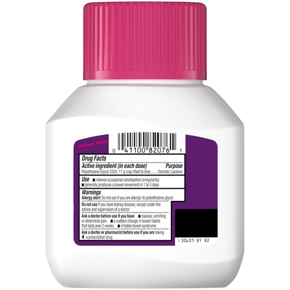 Back label of MiraLAX 4.09 ounce laxative product