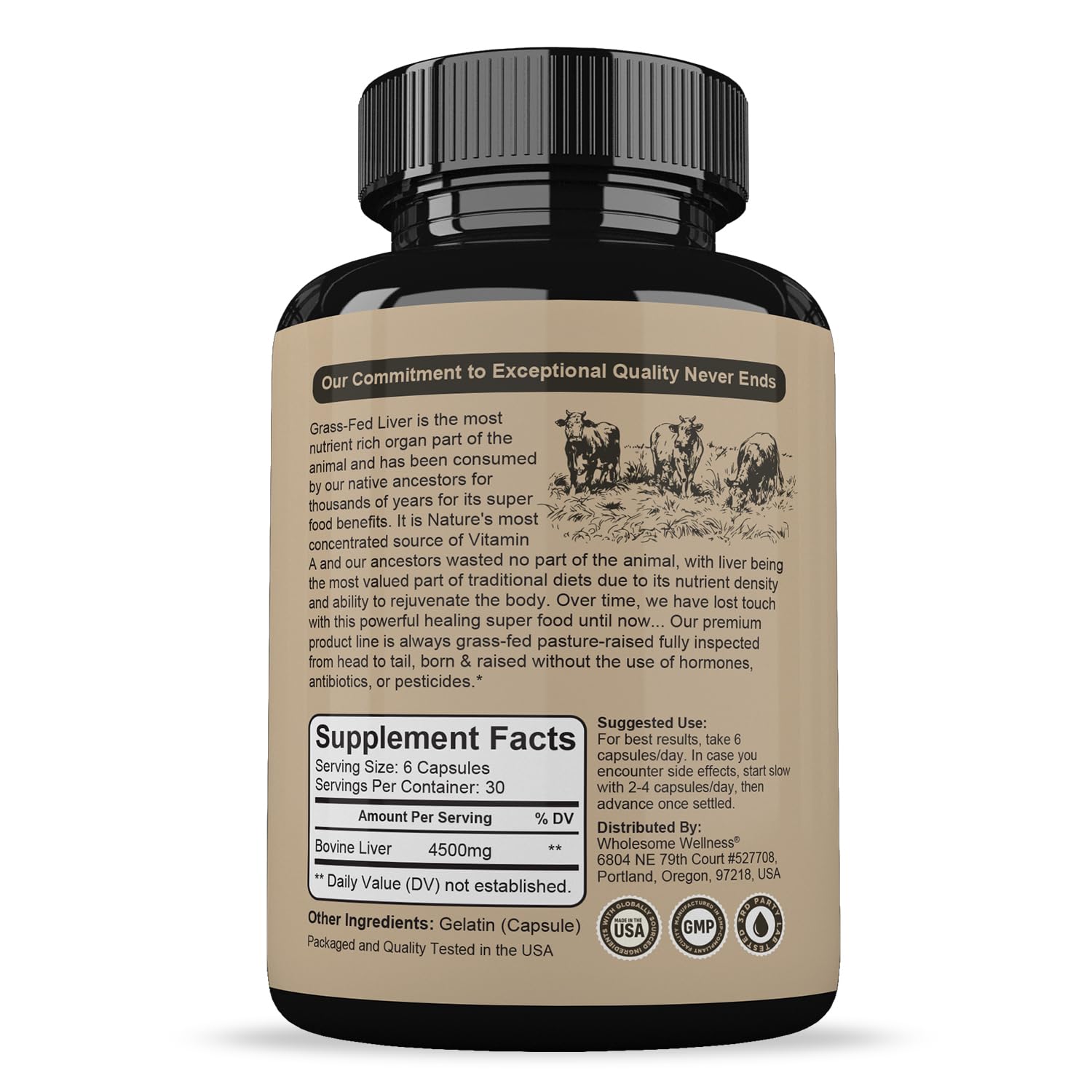 Side view of Wholesome Wellness desiccated beef liver supplement highlighting the product label and nutritional facts.