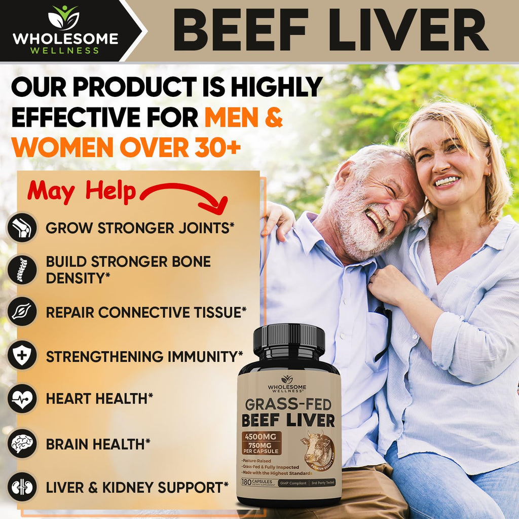 Wholesome Wellness Grass Fed Beef Liver 180 count capsule close up