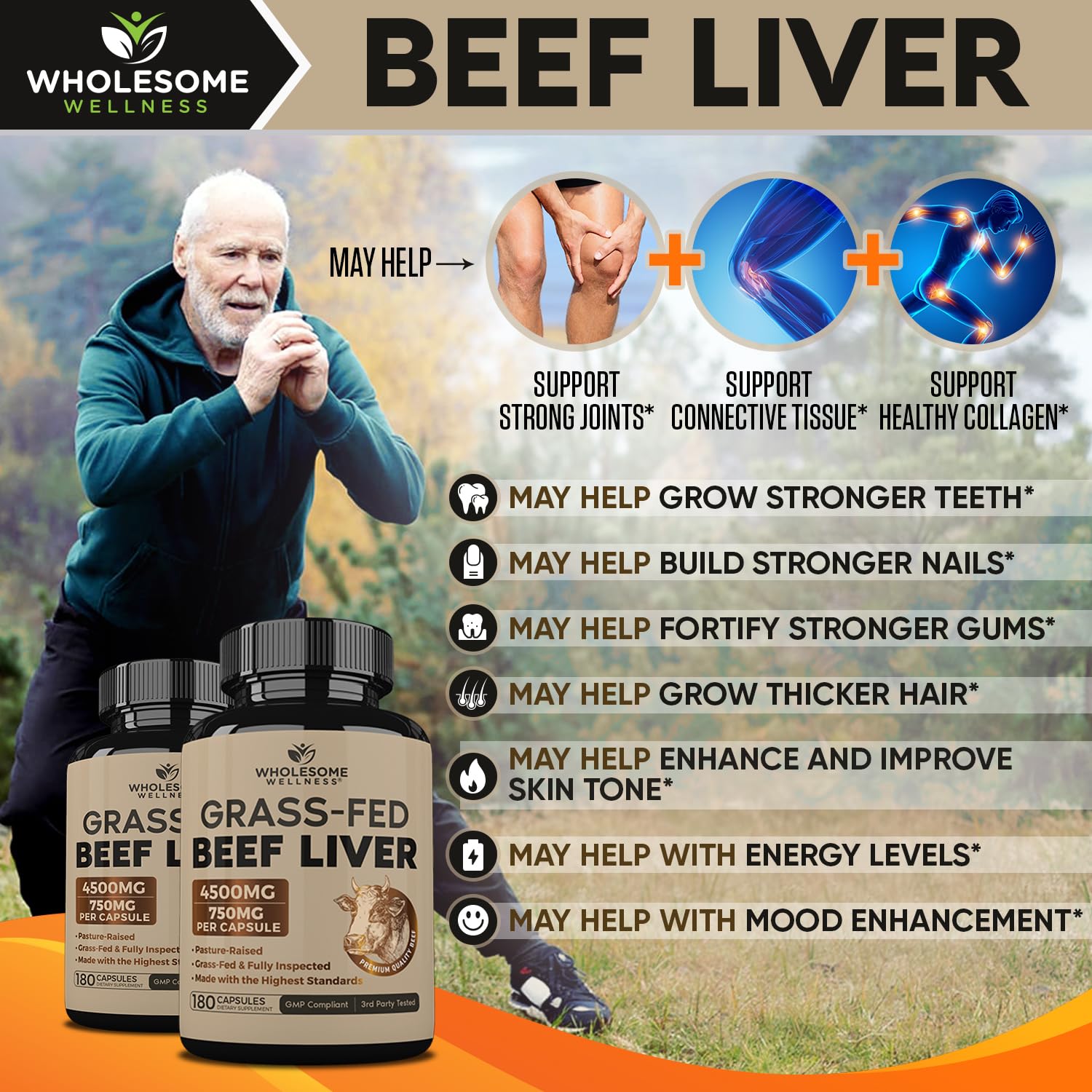 Wholesome Wellness beef liver supplement bottle alongside a display of capsules demonstrating serving sizes.