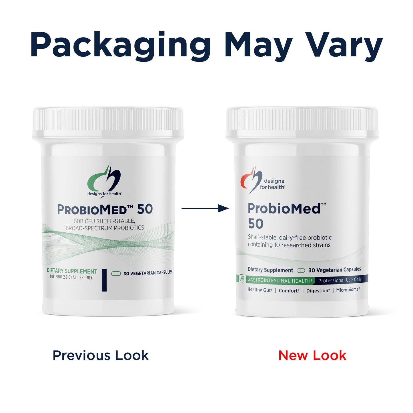 Designs for Health ProbioMed 50 dairy free and gluten free certification badges on the packaging