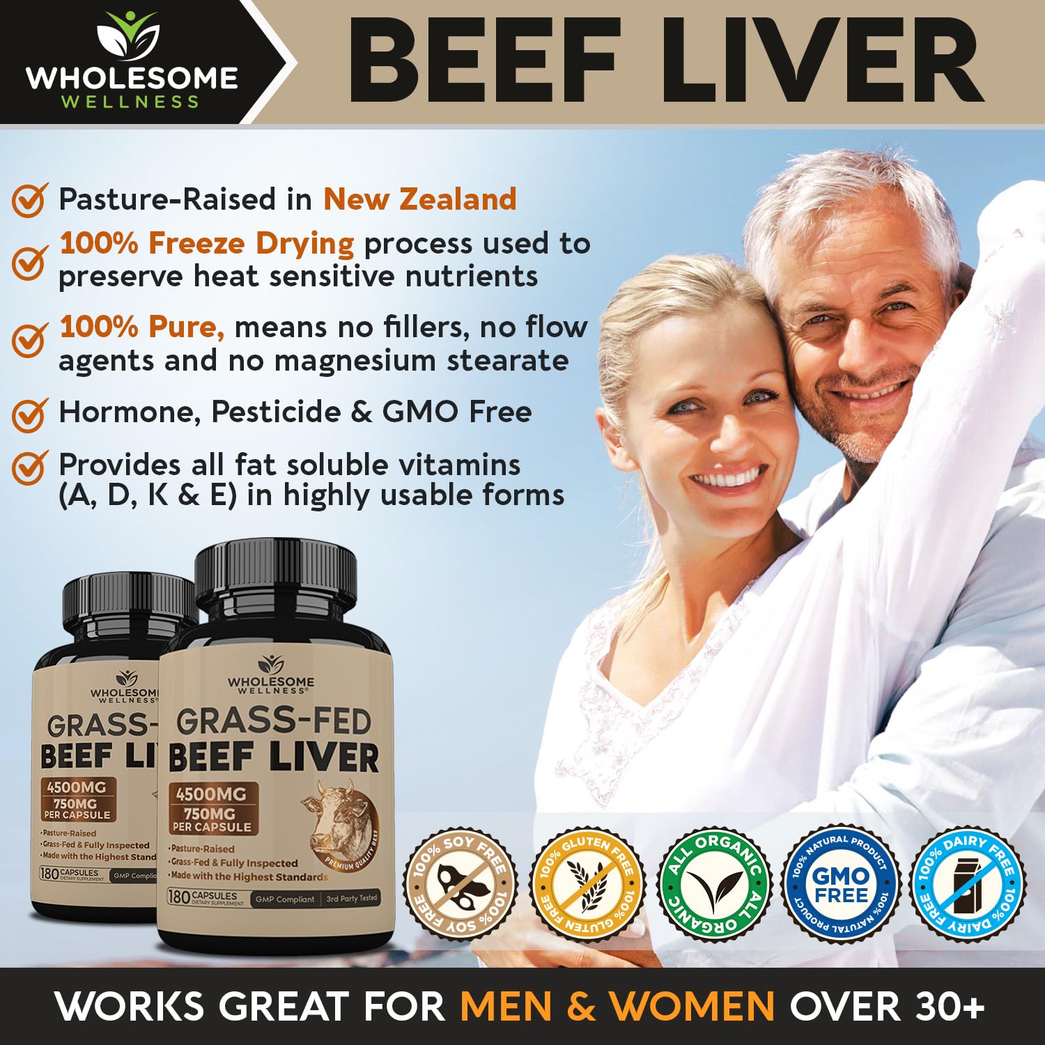 Back label of Wholesome Wellness beef liver capsules highlighting New Zealand sourcing and GMP compliance badges.